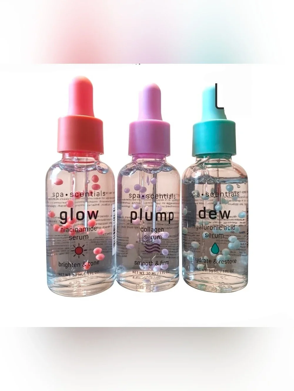 Spa Scentials 3pk Facial Serums- Glow, Plump & Dew 1fl Oz BNIB